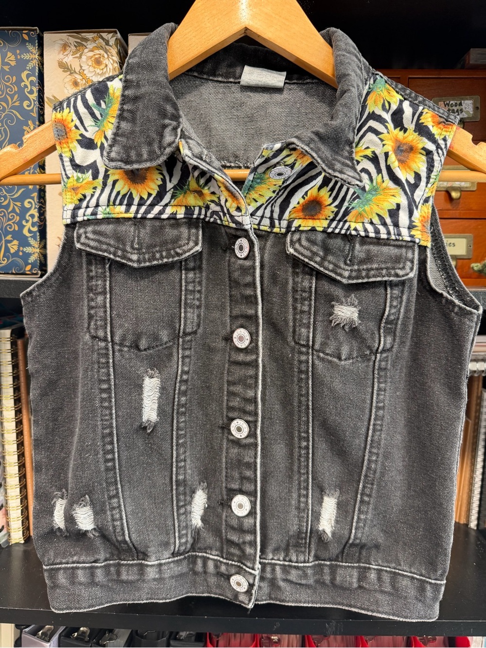 Source Unknown Black Distressed Denim Jean Vest with Sunflower Trim